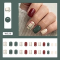 Short vintage plaid press-on nails in burgundy and dark green glossy square-round shape - Vintage Red Green Plaid (W528)