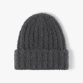 Thick dark grey fuzzy knit beanie hat with a soft mohair-like texture and cuffed design - Dark Brown