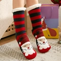 Fleece-lined Christmas floor socks with red stripes and Santa Claus pattern for winter - Hat Santa