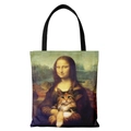 Canvas tote bag featuring Mona Lisa holding a cat creative art print with black handles - Spoof Mona Lisa Pattern