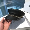 Classic black faux leather newsboy hat with elegant gold chain and side button detail - M (56-58cm) / Black