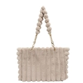 Beige plush tote bag with vertical stripes, gold chain, and faux fur pom-pom strap - Khaki