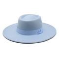 Light blue flat top wool felt fedora hat with wide brim and matching ribbon band - M (56-58cm) / Sky Blue