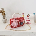 Mini borsa rossa in tweed per bambina con perle grandi e charm a forma di coniglio - Coniglio Rosso