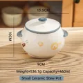 White ceramic lard pot with cartoon egg print and blue rim, 460ml capacity with lid - Classic Stew Pot 460ml (No Opening)