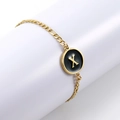 Gold stainless steel Figaro bracelet with round black enamel charm and letter X detail - Letter X / Gold/Black