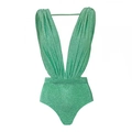 Mint green glitter swimsuit with deep V-neck and ruffled shoulder straps in shiny fabric - S / Blue One-piece Swimsuit