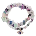 Detail showing multi-color gravel stone beads and blue evil eye pendant on an elastic bracelet - Multicolor Mix (FK1476)