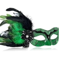 Masque de mascarade vénitien vert émeraude pailleté avec plumes noires et fleur bijou - Vert