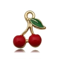 Golden cherry fruit pendant with red and green enamel coating for DIY jewelry making - Enamel Single-Sided Cherry 10X13mm