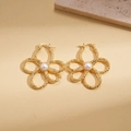 Detail of 18K gold plated flower earrings with textured petals and center pearl - Ear Clip - Gold - Flower (Pearl)