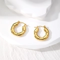 Detailed view of golden bamboo textured hoop earrings with a secure hinge clasp - Multi Section Bamboo