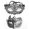 Masquerade mask set featuring black filigree lace and silver glitter patterns - Six Petals Bull Horn - Iron Silver Set