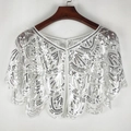 Elegant white sequin mesh capelet with vintage scallop patterns for evening dresses - White