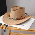 Women straw sun hat with colorful beads and windproof strap for summer beach vacation - Khaki