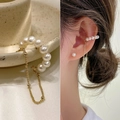 Elegant 14k gold plated pearl chain ear cuff and stud earring set for non-pierced ears - 31026-Pearl Stud Chain Tassel Single