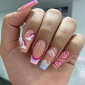 Rainbow and cloud press-on nails in long coffin shape with French tips and heart designs - Rainbow Cloud Heart Pattern(JP2298)