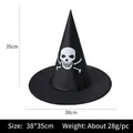 Detailed size chart showing 35cm height and 38cm width for black witch skull hat - Oxford Cloth Skull Print