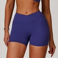 Damen Yoga-Shorts mit hoher Taille, V-Cross-Bund in Dunkelviolett, Sport-Stil - Rosigblau