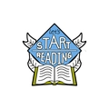 Blue enamel pin with let's START READING text and open book design on white background - Start Reading Blue Book (CC2554)