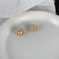 Elegant gold Saturn orb stud earrings with white pearl border for minimalist style - Planet Orb Style Pearl Stud Earrings (L0058RA) / Gold