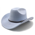 Detail eines hellblauen Cowboyhuts aus Wildlederimitat mit braunem geflochtenem Band - M(56-59CM) / Hellblau (Wildleder)
