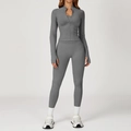 Ensemble de yoga gris foncé sans couture avec veste zippée et legging côtelé - S / Jacket + Leggings - Liberty Gray