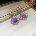 Macro detail of vintage gold cameo earrings with purple crystal and intricate carvings - Retro Purple Cameo Portrait (Silver Earring Post)