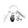 Silver medical keychain with syringe stethoscope heart and EKG wave charms gift - 4-Piece Medical Set - Black Anatomical Heart