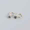Gold plated S925 silver hoop earrings with black zircon flower pendant charm - Golden (Black Stone)