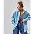 Light blue long-sleeved cotton crepe shirt paired with matching tube top and navy pants - S / Blue