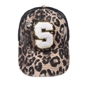 Distressed leopard print trucker hat featuring a sequined white bouclé letter S patch - Letter S (Black Leopard)