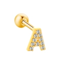 Golden letter A stud earring with cubic zirconia and a screw ball back closure - Letter A