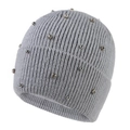 Women's grey knit beanie with rhinestones and studs, thermal ear protection winter hat - Adult / Light Gray