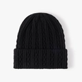 Bonnet en maille torsadée noire pour femme, bonnet d'hiver chaud à revers côtelé - Noir