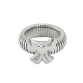 Macro shot of silver bow ring with heart center and flexible textured band design - Bowknot Ring / 8mm/Size 8 / Silver