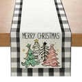 Christmas table runner with Merry Christmas print and trees on black and white plaid - 33cmx180cm / Christmas Tree Style