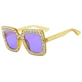 Sparkly gold-dust square sunglasses with purple lenses and rhinestones for women - Transparent Yellow Frame Purple Lens