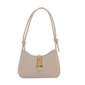 Elegante borsa a mezzaluna beige con fibbia dorata e dettagli di manici con nodi - Bianco