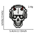 Detailed view of music skeleton embroidery patch with size measurements 7cm x 5.4cm - Skull With Headphones Style 4