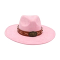 Pink wide brim western cowboy hat with brown leather band and bull buckle ornament - Pink