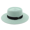 Detailed top view of mint green flat top boater hat with black ribbon and straw texture - M (56-58cm) / Mint Green