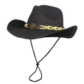 Detail of black straw cowboy hat featuring vintage metal bull head buckle and brown band - M (56-58cm) / Black
