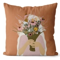 Detail of terracotta throw pillow case with artistic illustration of person holding wildflowers - Terracotta-Girl with Wildflowers
