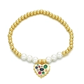 Beaded gold bracelet with white pearls and a colorful gemstone heart pendant charm - Colorful Gemstone Heart Style (ML-CN001360YH)