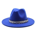 Detail of blue wool fedora hat featuring wide brim and stylish faux snakeskin band decoration - Sapphire Blue