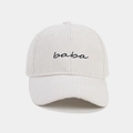 Detail of baba embroidery on corduroy baseball cap with high quality ribbed texture - White / Adjustable