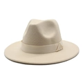 Classic beige wool felt fedora hat with flat brim and wide matching decorative ribbon - M (56-58cm) / Beige