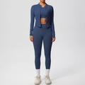 Détails de l'ensemble de yoga 3 pièces bleu marine avec veste brossée et legging - S / Bleu Marine