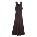 Elegant sleeveless chocolate satin midi dress with V-neck and silky glossy finish - XS / Coffee